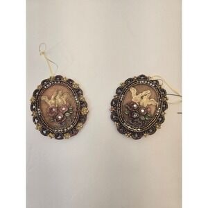 Vintage Romantic Dove Floral Ornaments Set of 2 Gold Tone Beaded Design